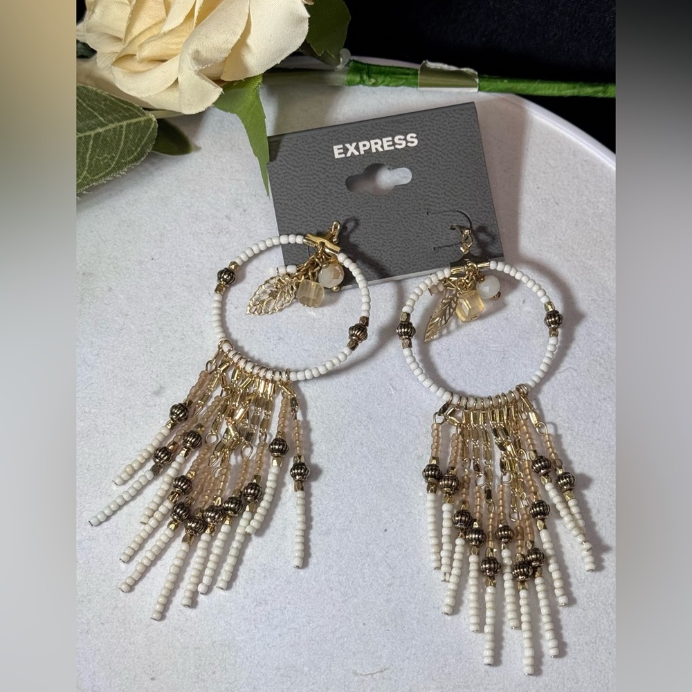 Express Dream Catcher Statement White & Gold Beaded Earrings 4 inch